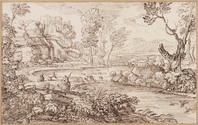 K VI 097
<br/>
Drie figuren aan een meer in landschap
<br/>
<em>Onofri, Crescenzio (1634-1714)</em>